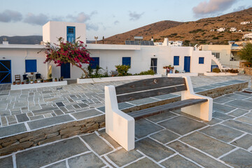 A bench in the square in the center of Chora on the island of Ios. Cyclades, Greece