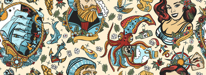Sea adventure vintage seamless pattern. Old school tattoo style. Marine background. Nautical art. Funny underwater monster. Sea wolf captain, octopus kraken, pirate ship and sailor girl - obrazy, fototapety, plakaty