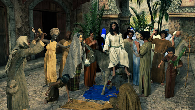 Palm Sunday. Jesus rides the donkey into Jerusalem: Bible passages Mark 11: 1-11, Matthew 21: 1-11. Artistic Bible illustration. 3d illustration, 3d rendering