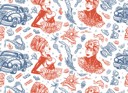 Cuba seamless pattern. Havana retro cars. Map, beautiful cuban woman, jazz music. History and culture, island of freedom. Traditional tattooing background