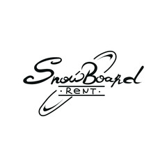Hand written lettering snowboard. Black and white isolated nector logo for snowboard club. Snowboard rent sign.  Rental pass 