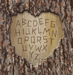 Alphabet letters carved into a tree with heart shape cut out.  Easy to edit font for your design. Vector illustration for Valentine's Day. - 406374212