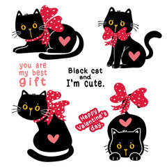 cute valentine black cat kitten with red ribbon bow holiday gift collection set, doodle illustration clip art