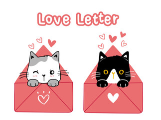 cute valentine cat black and white in pink love letter, cartoon illustration doodle hand drawn vector