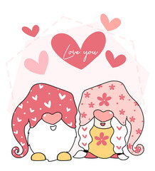 Cute Valentine Gnome love set, with heart balloon, love letter, cartoon flat vector illustration
