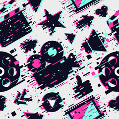 Cinema seamless pattern. Vector texture with movie objects. Online video backdrop. Glitch style background with camera, clapperboard and film.
