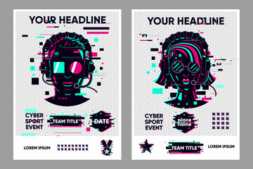 Video game posters set. Gamer competition banners template. Glitch style graphic with people. Vector flyer template for cyber battle. © ne2pi