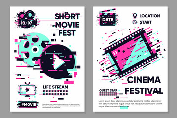 Cinema poster template. Vector banner with movie objects. Online video backdrop. Glitch style image with film. Color illustration.