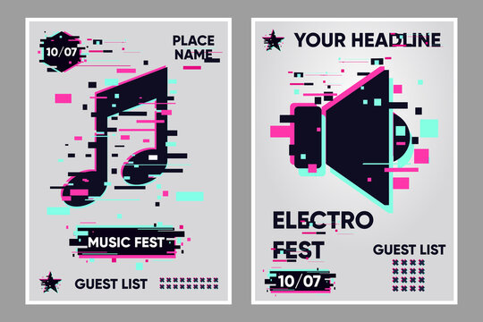 Music festival vector banner. Posters set with music note and audio. Party background, electronic style. Glitch trendy illustration. Dance event banner template.