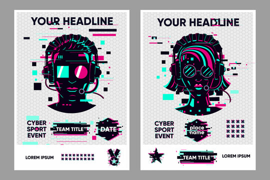 Video Game Posters Set. Gamer Competition Banners Template. Glitch Style Graphic With People. Vector Flyer Template For Cyber Battle.