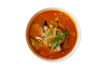Top View of Jjamppong or Korean Spicy Seafood Noodle that a Famous Korean Recipe