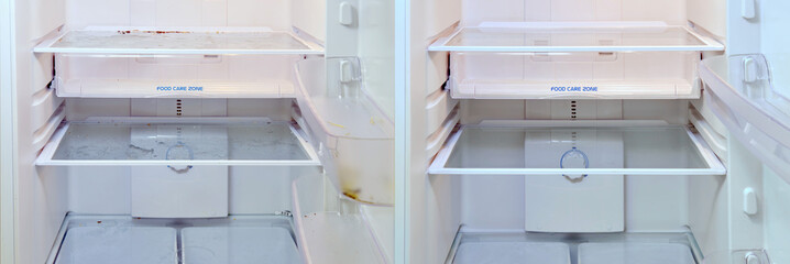 Cleaning a dirty refrigerator before and after fixing the problem. Clean kitchen appliances before...