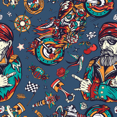 Bikers art pattern. Bearded biker man and motorcycle. Lifestyle of racers. Traditional tattooing background. American riders. Racing sport concept