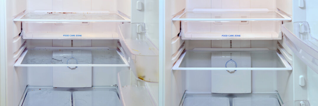 Cleaning a dirty refrigerator before and after fixing the problem. Clean kitchen appliances before and after washing and cleaning.