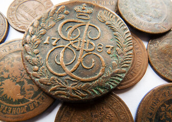 Coins of the Russian Empire.  Russian coins money rubles and kopecks. Russian metal coins