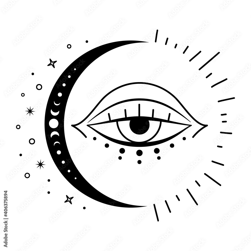 Wall mural boho crescent moon with evil eye. celestial vector symbol. magic and esoteric design element. mystic