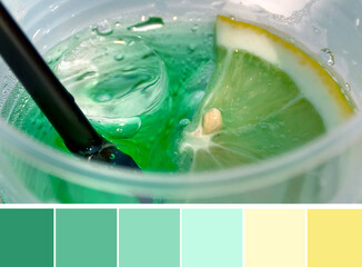 Close up cold green mint drink, ice, slice of yellow lemon, bubbles and black straw. Color palette swatches, natural combination of colors, inspired by nature. Cool fresh summer spirit.