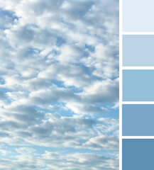 The beautiful blue gamma of bright azure sky with white and grey clouds. Color palette swatches,...
