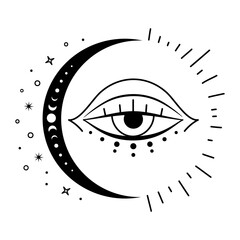 Boho crescent moon with evil eye. Celestial vector symbol. Magic and esoteric design element. Mystical moon silhouette. Astrology illustration.