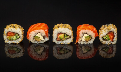 Five maki rolls in a row with salmon, avocado, tuna and cucumber isolated on black background. Fresh hosomaki pieces with rice and nori. Close up of delicious japanese food with sushi roll