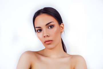 young pretty asian woman close up isolated on white background, spa cosmetic care concept