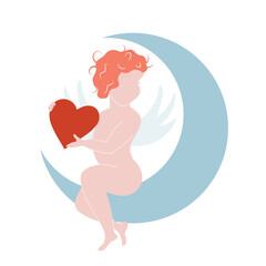 Cute cupid sitting on the moon vector illustration. Abstract baby angel valentine's day 
