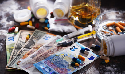 Obraz na płótnie Canvas Addictive substances, including alcohol, cigarettes and drugs