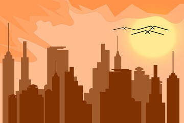 Fototapeta premium Morning, day city skyline landscape, town buildings in different time and urban cityscape town sky. Daytime cityscape. Architecture silhouette downtown vector background. Flat design