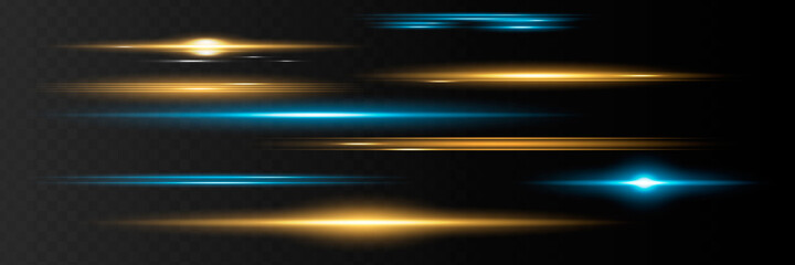 Blue horizontal lens flares pack. Laser beams, horizont