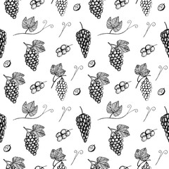 Seamless pattern grapes, vector illustration, bunches of grapes, leaves and twigs, cut grapes, sketch