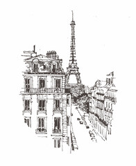 Architecture sketch draw graphic illustration black and white, Drawing urban landscape black and white graphics Paris, Liner sketches architecture of France Paris, Travel sketch of Eiffel tower.