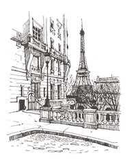 Architecture sketch draw graphic illustration black and white, Drawing urban landscape black and white graphics Paris, Liner sketches architecture of France Paris, Travel sketch of Eiffel tower.