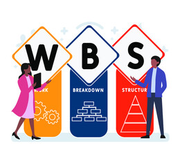 Flat design with people. WBS - Work Breakdown Structure acronym, business concept background.   Vector illustration for website banner, marketing materials, business presentation, online advertising.