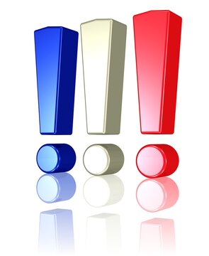 drei Ausrufezeichen in den Farben der französischen Flagge