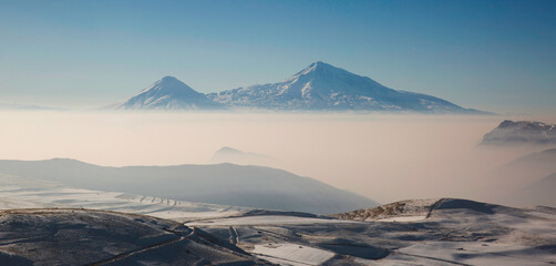 Fototapeta na wymiar View over the two peaks of the Mount Ararat from Armenia