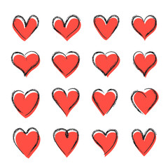 Valentine drawing red hearts set