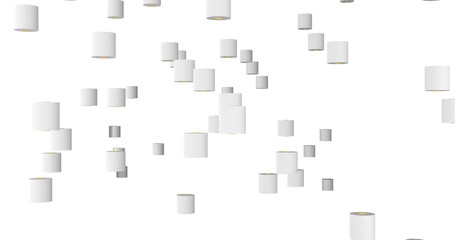 Render with falling rolls of toilet paper isolated on white background