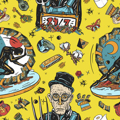 New World Great Depression. Seamless pattern. Beggars. Total lockdown. Hungry rich man search job. Crash of exchange market. Millions of unemployed. Financial crisis. Old school tattoo art