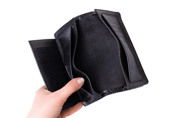 Empty black wallet in woman's hand on a white background