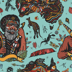 Ethnic Australian aboriginal tribes bushmen. Boomerang, rock painting, kangaroo, map. Old school tattoo vector background. Australia seamless pattern
