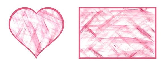 Set - a heart filled with pink and white watercolor stripes with a crimson outline and a cell and an abstract gentle background. For the design of cards, invitations. Love, wedding, valentine's day.