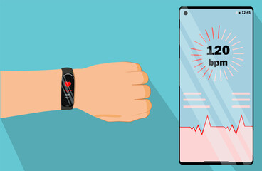 Fitness tracker on hand. App on the phone with heartbeat tracking.