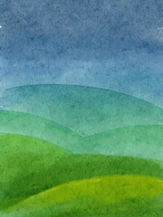 Watercolour Hand Drawing Colorful Landscape on Canvas. Nature Background. Mountains and Sky © sofya_bsa_paws