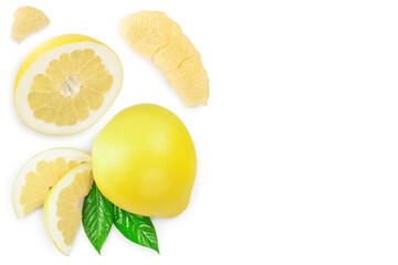 pomelo with slice and leaf isolated on white background with copy space for your text . Top view....