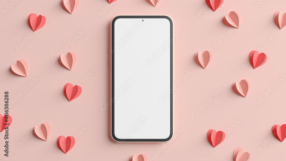Poster 3d rendering mobile phone mockup with hearts for valentines day background design. empty generic sma