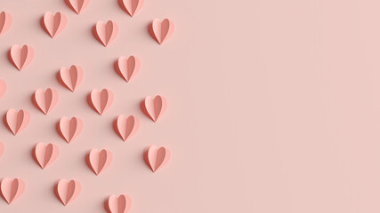 Happy Valentines day love greeting card elegant template with hearts in 3D rendering and copyspace on the right. Minimal 3D illustration wedding concept background