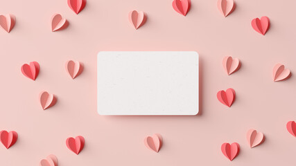 Valentines day love greeting card mockup surrounded by paper hearts in 3D rendering. Pink, white and red colors anniversary wedding invitation