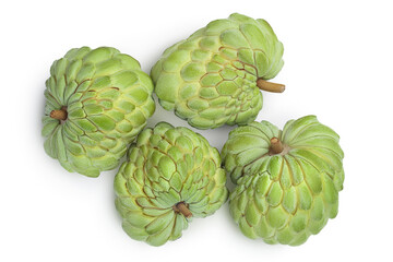 Sugar apple or custard apple isolated on white background with clipping path . Exotic annona or cherimoya fruit. Top view. Flat lay