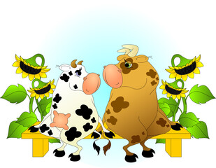 a bull and a cow are sitting on a bench, sunflowers are growing nearby