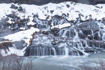 Hraunfossar Waterfall in Winter, Iceland
